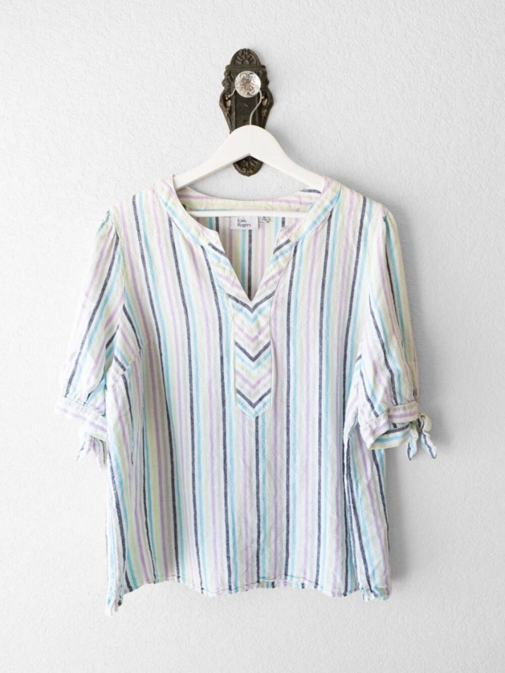 Kim Rogers Linen Blend Top XL Pastel Stripe Tie Sleeve Popover Blouse Coastal - Picture 2 of 14
